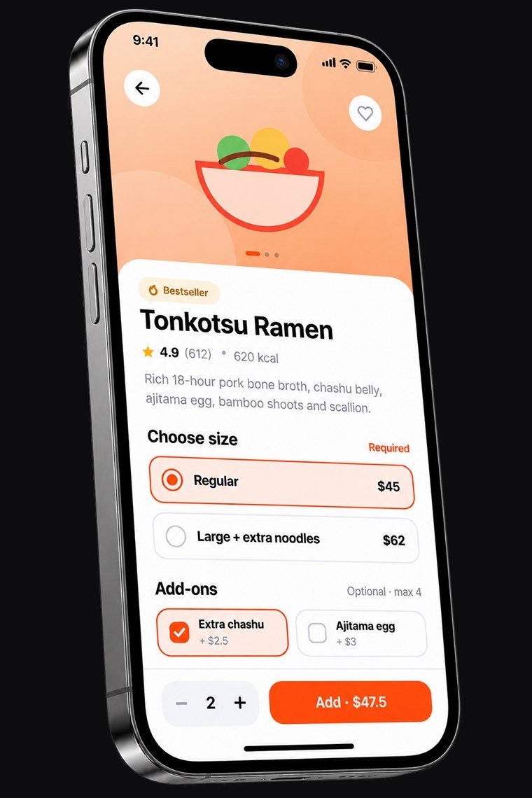 Dish detail screen for Tonkotsu Ramen with size options, paid add-ons and a live order total., by Buy Dream Web in London