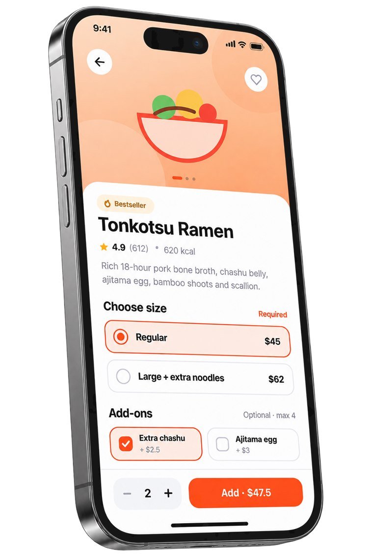 Dish detail screen for Tonkotsu Ramen with size options, add-ons and a live order total., by Buy Dream Web in London