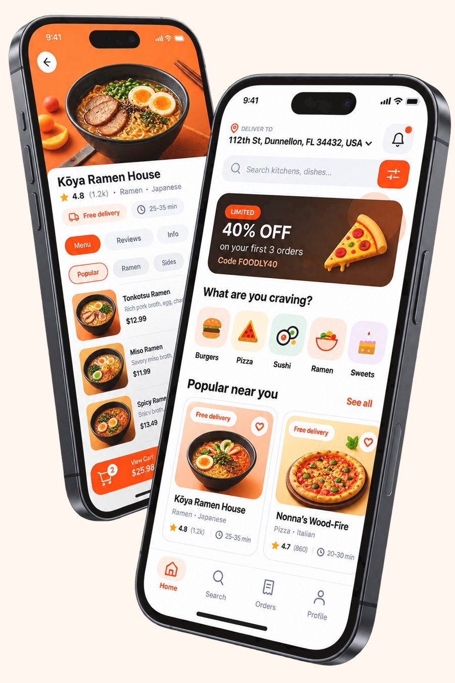 Two phones showing the Kōya Ramen House menu and the Foodly home feed with categories and popular restaurants., by Buy Dream Web in London