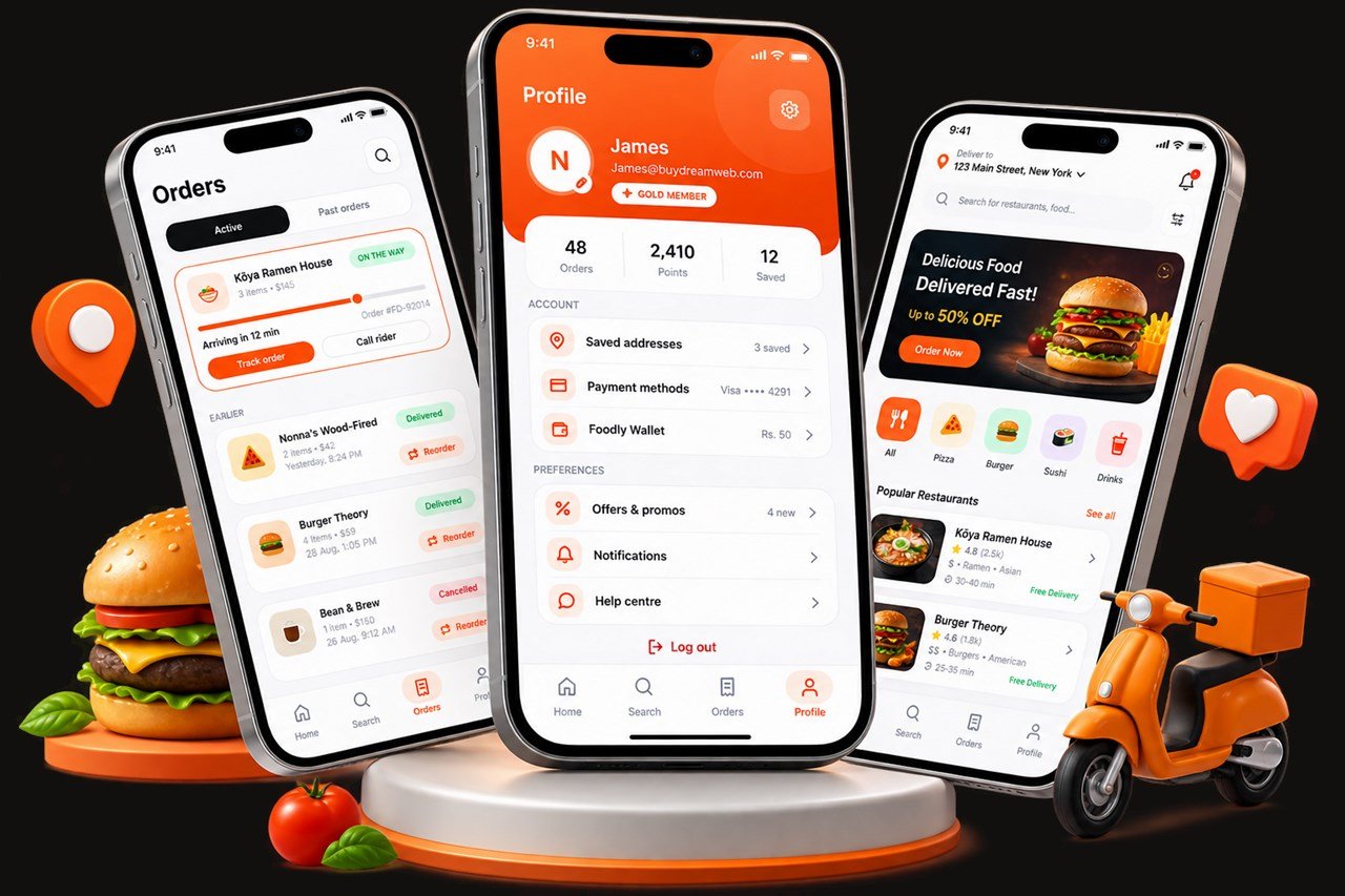 Three phones showing Foodly orders, profile and home screens beside a delivery scooter and food., by Buy Dream Web in London