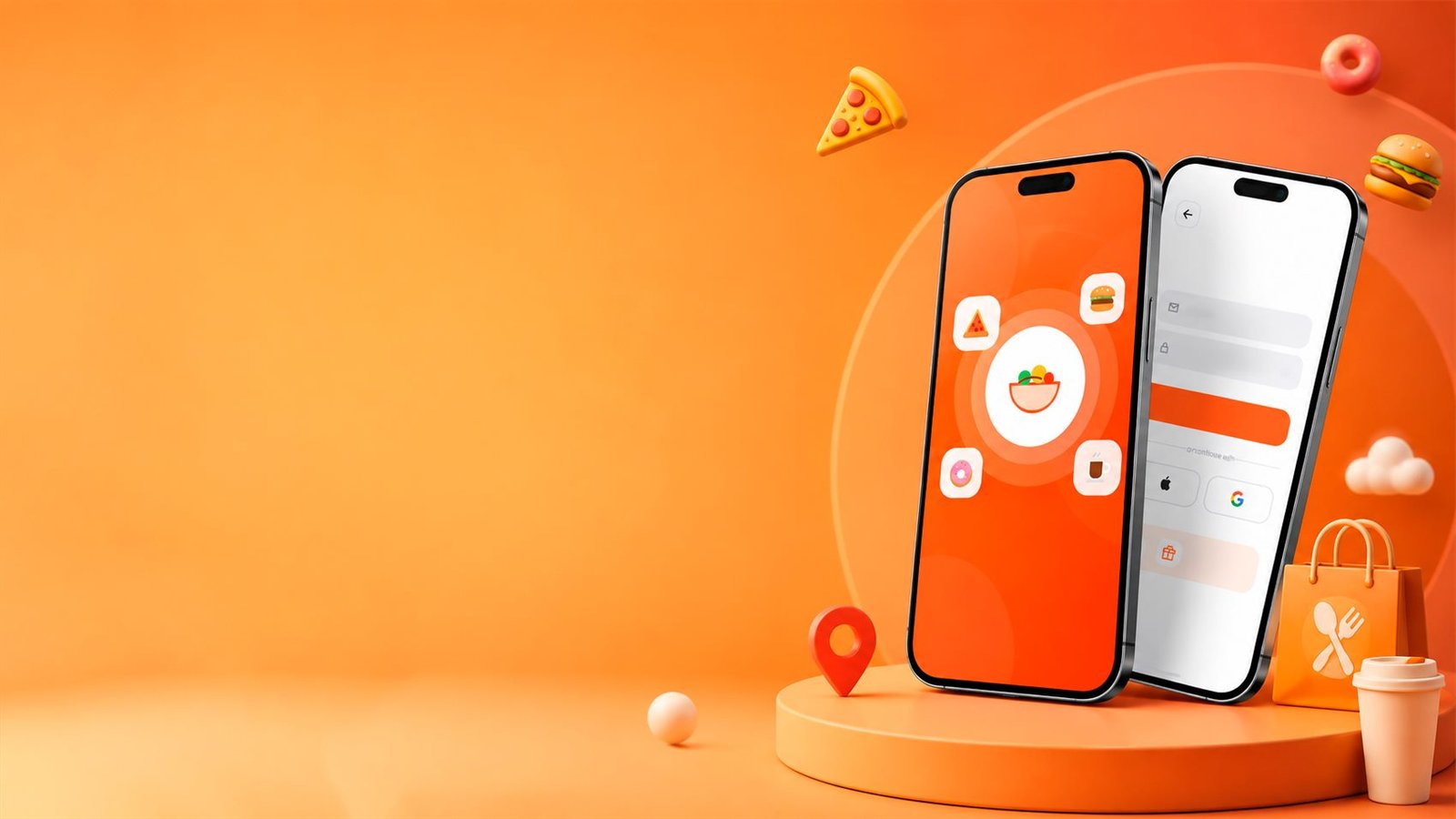 Two phones on a podium: the app splash screen carrying the brand mark, and the sign-in screen with Apple and Google options., by Buy Dream Web in London