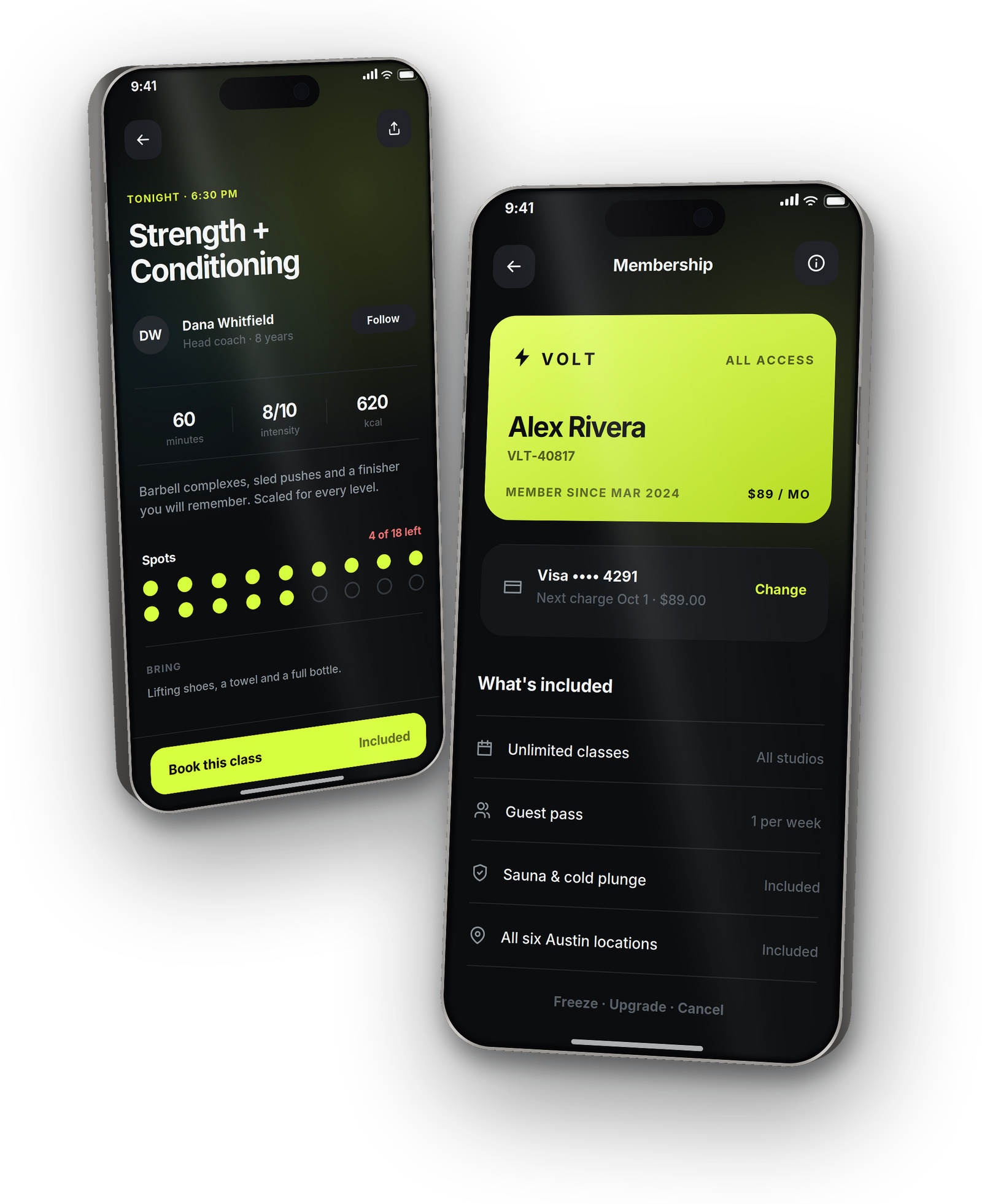 VOLT class detail screen for Strength and Conditioning with spots left, next to the Membership screen with an All Access card, by Buy Dream Web in London