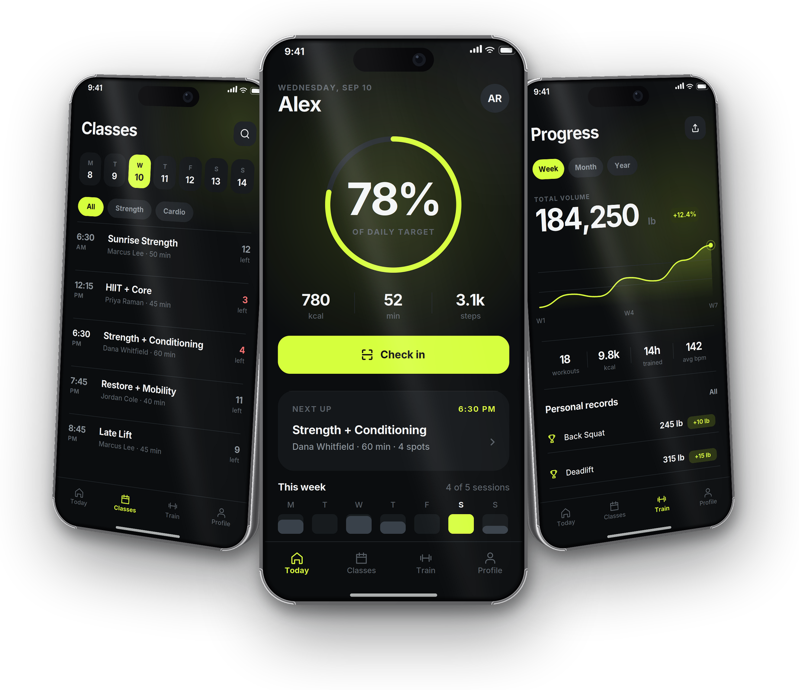 VOLT Classes screen with a day picker, strength and cardio filters, and a scrollable weekly schedule, by Buy Dream Web in London