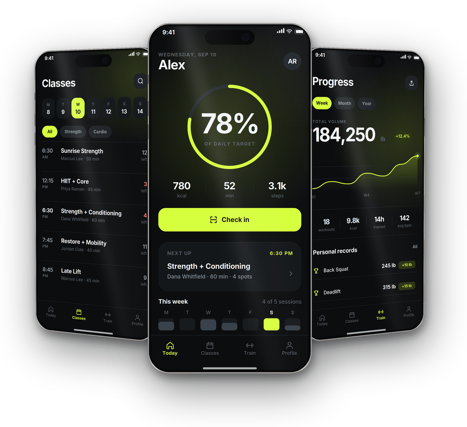 Three VOLT screens: Classes list with day picker and filters, Today dashboard, and Progress with total volume chart, by Buy Dream Web in London