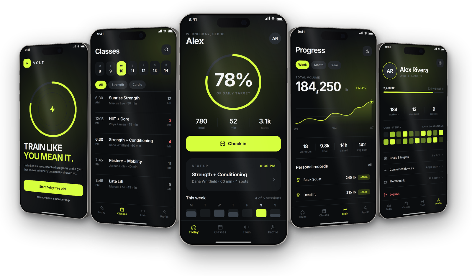 Five VOLT screens fanned out: onboarding, Classes, Today, Progress and Profile, by Buy Dream Web in London
