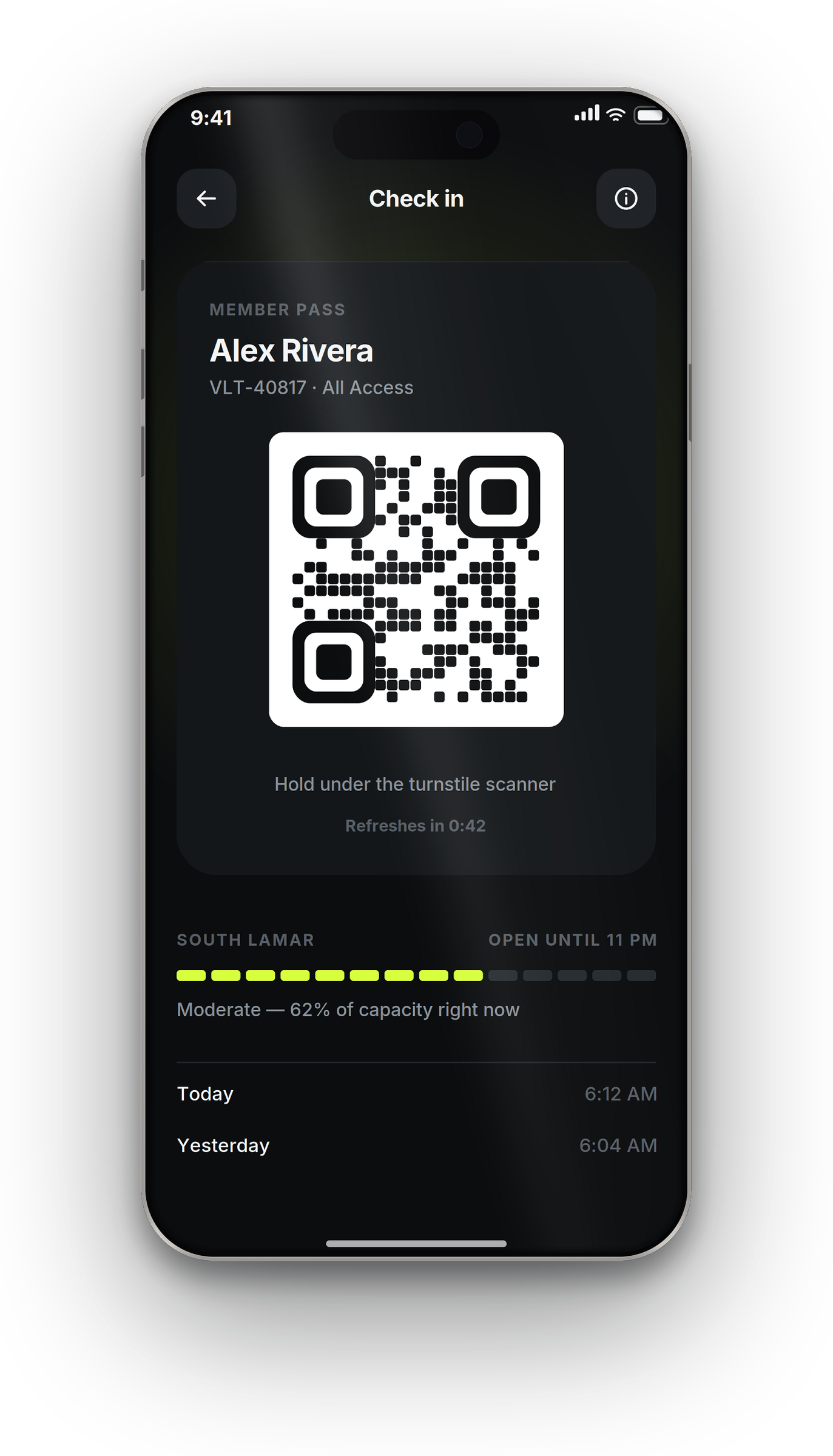 VOLT check-in screen showing Alex Rivera's member pass with a QR code and South Lamar's live capacity, by Buy Dream Web in London