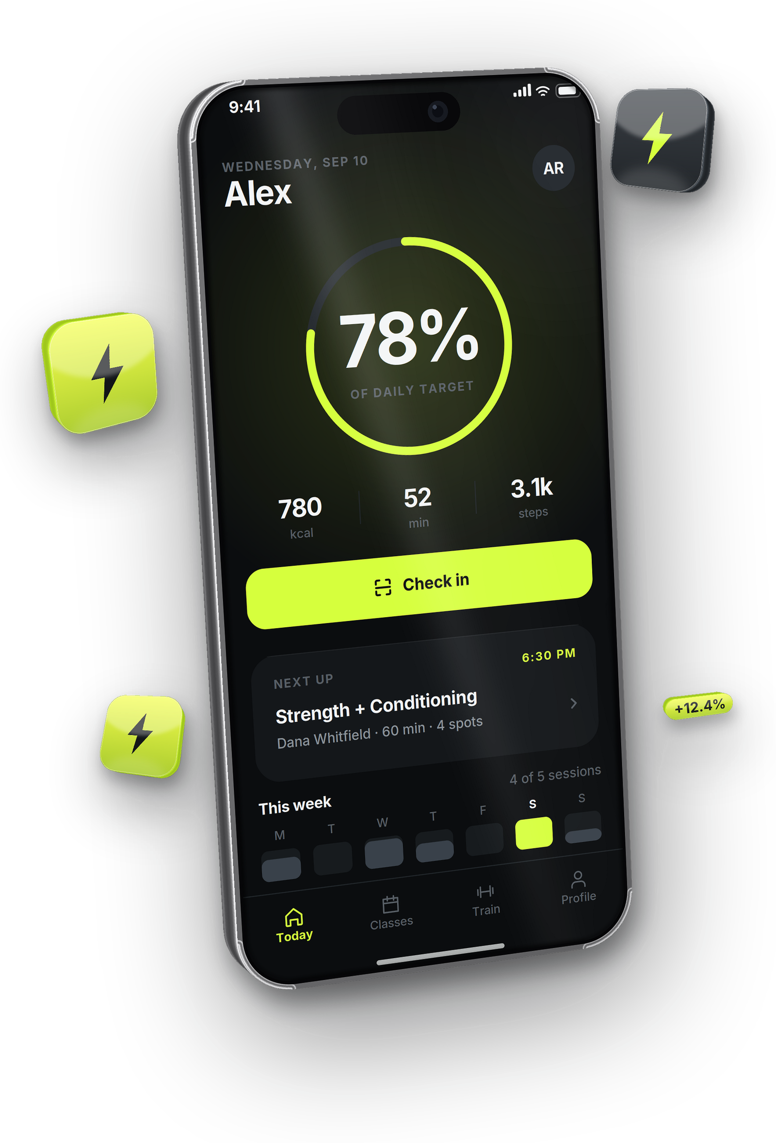The VOLT app Today dashboard, showing a 78% daily target ring and one-tap check-in, by Buy Dream Web in London