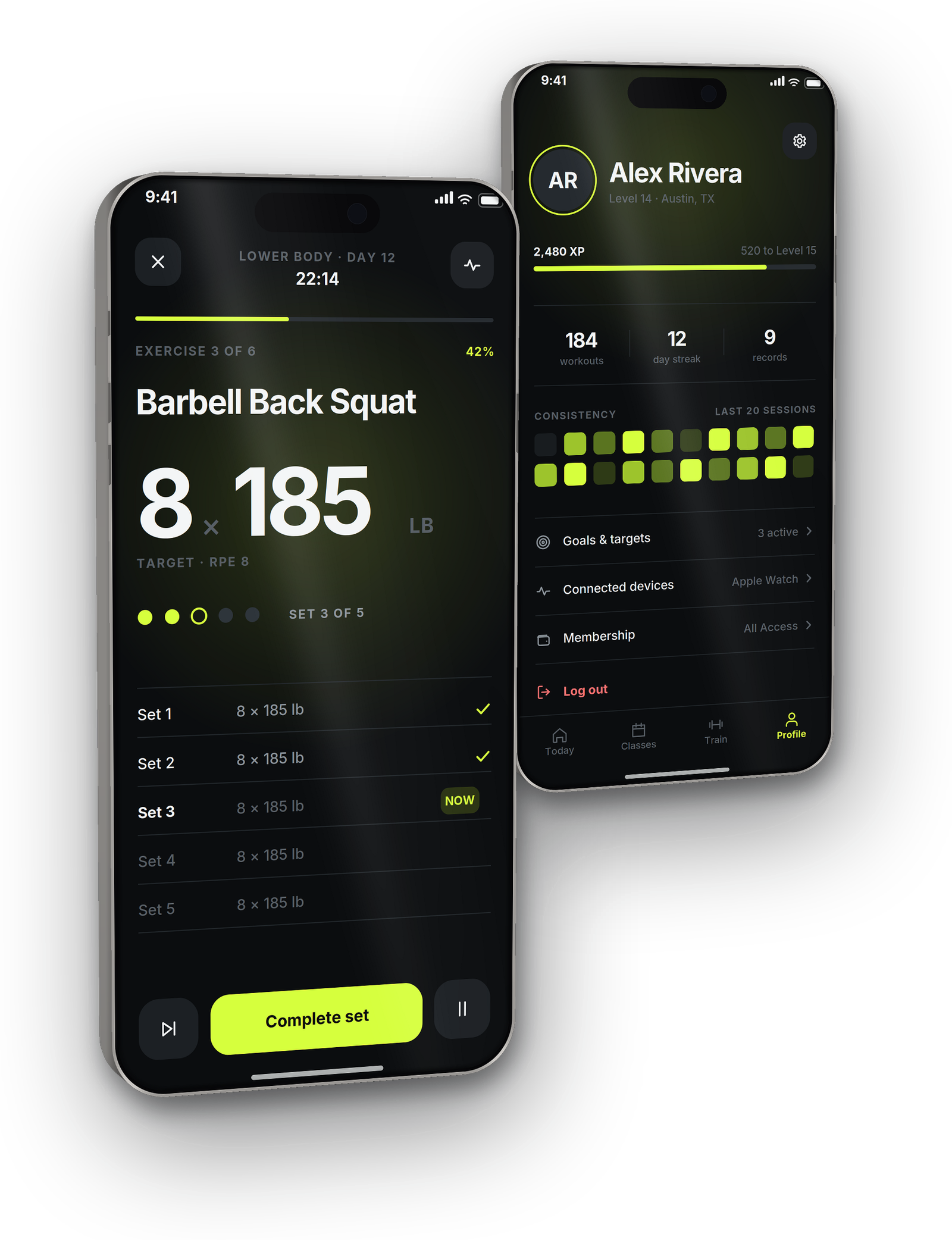 VOLT live workout logger showing a Barbell Back Squat set of 8 reps at 185 pounds