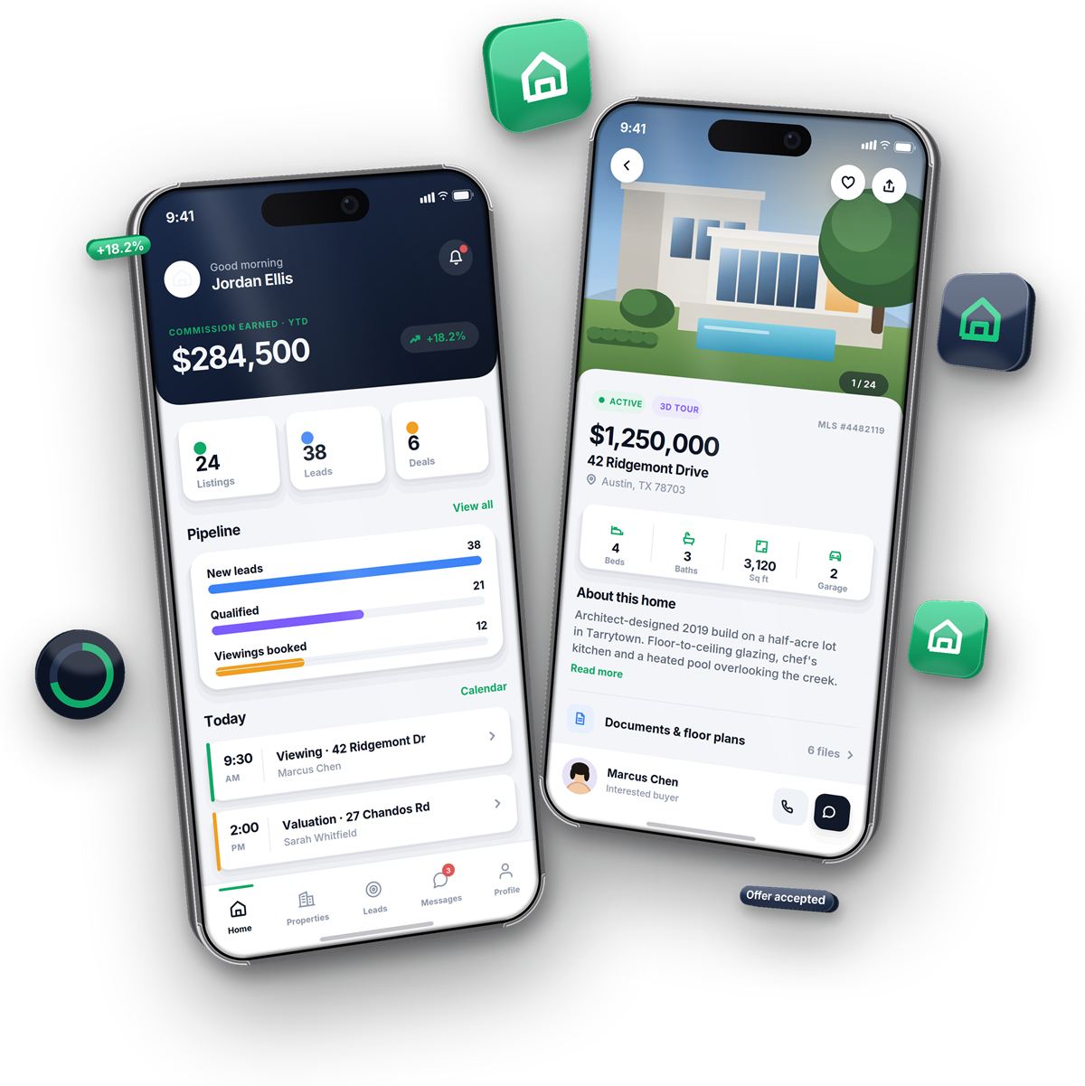 Two phones running Keystone: the agent home screen showing commission earned, listings, leads and deals, and a property detail screen for 42 Ridgemont Drive., by Buy Dream Web in London
