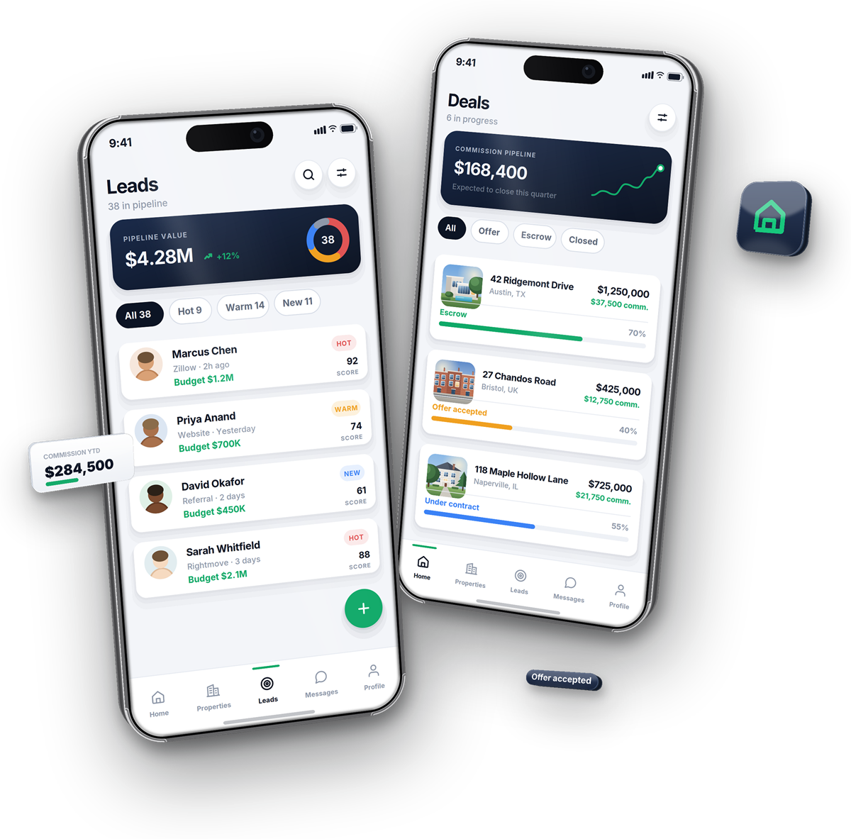 Two Keystone screens: the leads list with pipeline value and lead scores, and the deals screen showing commission pipeline and each deal's stage and progress., by Buy Dream Web in London