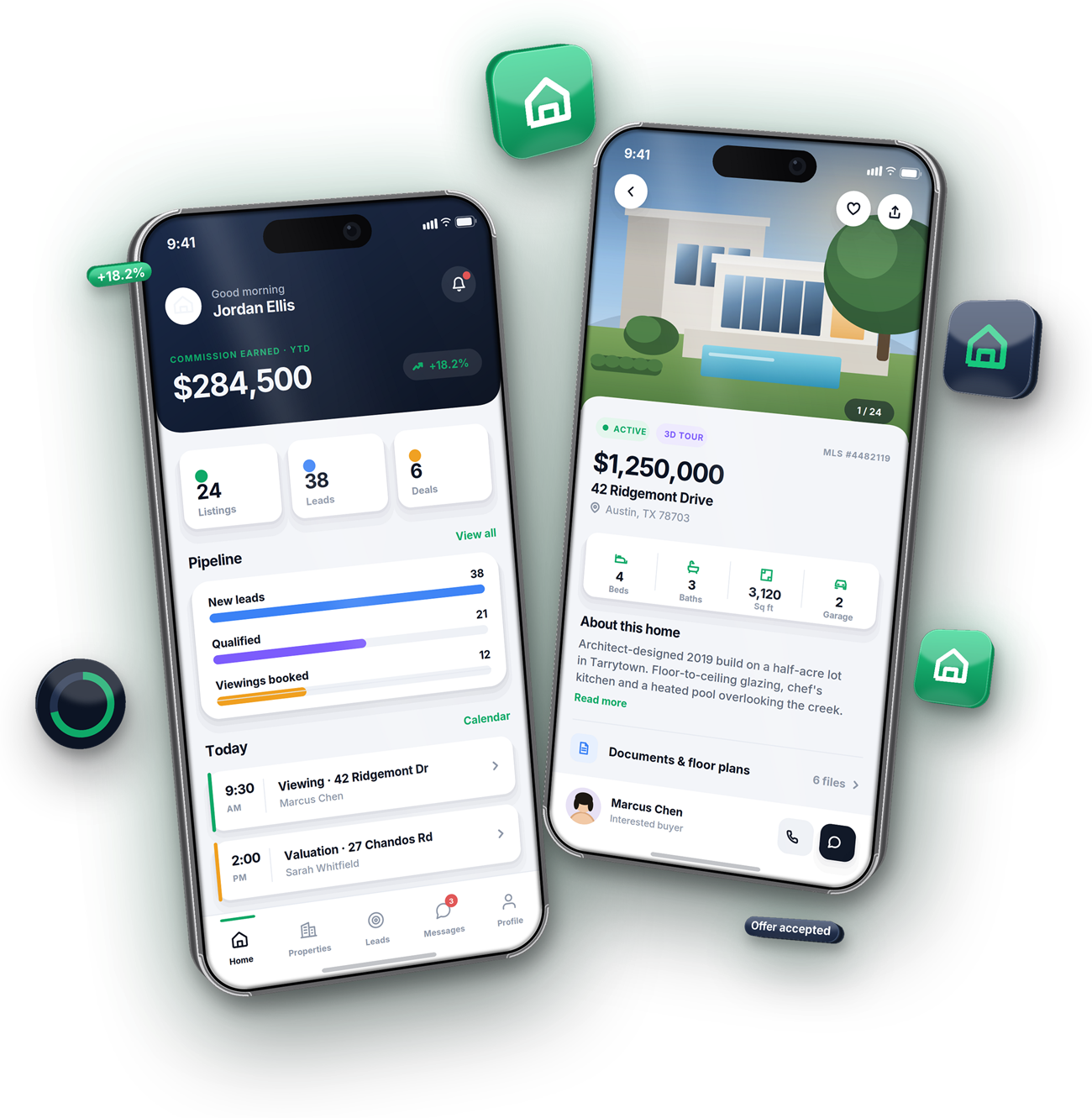 The Keystone dashboard and property screens lit by an emerald glow, showing commission, pipeline, and a property listing with its documents and buyer., by Buy Dream Web in London