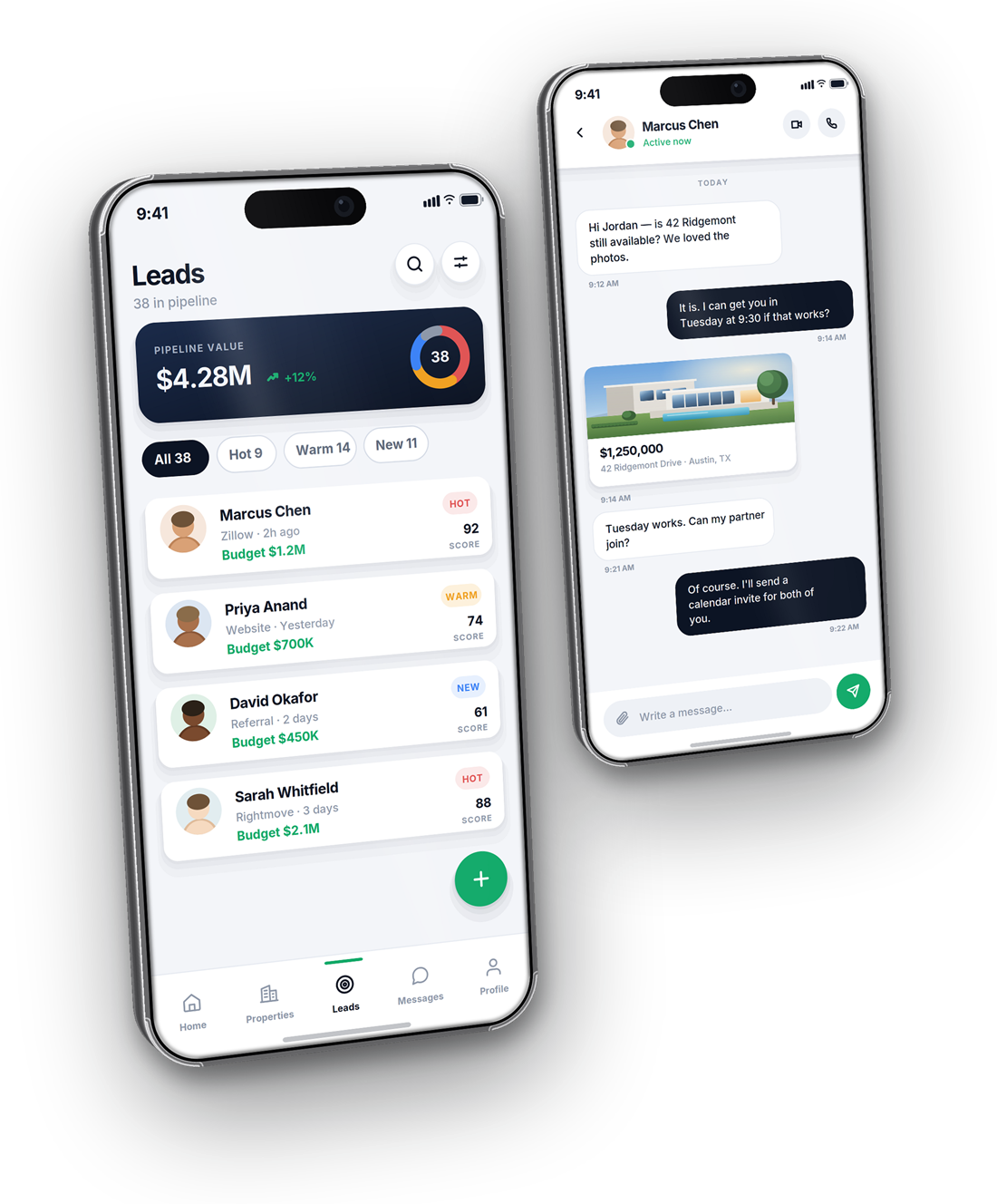 Two Keystone screens: the leads pipeline, and a client message thread where a property card for 42 Ridgemont Drive has been shared and a viewing agreed., by Buy Dream Web in London