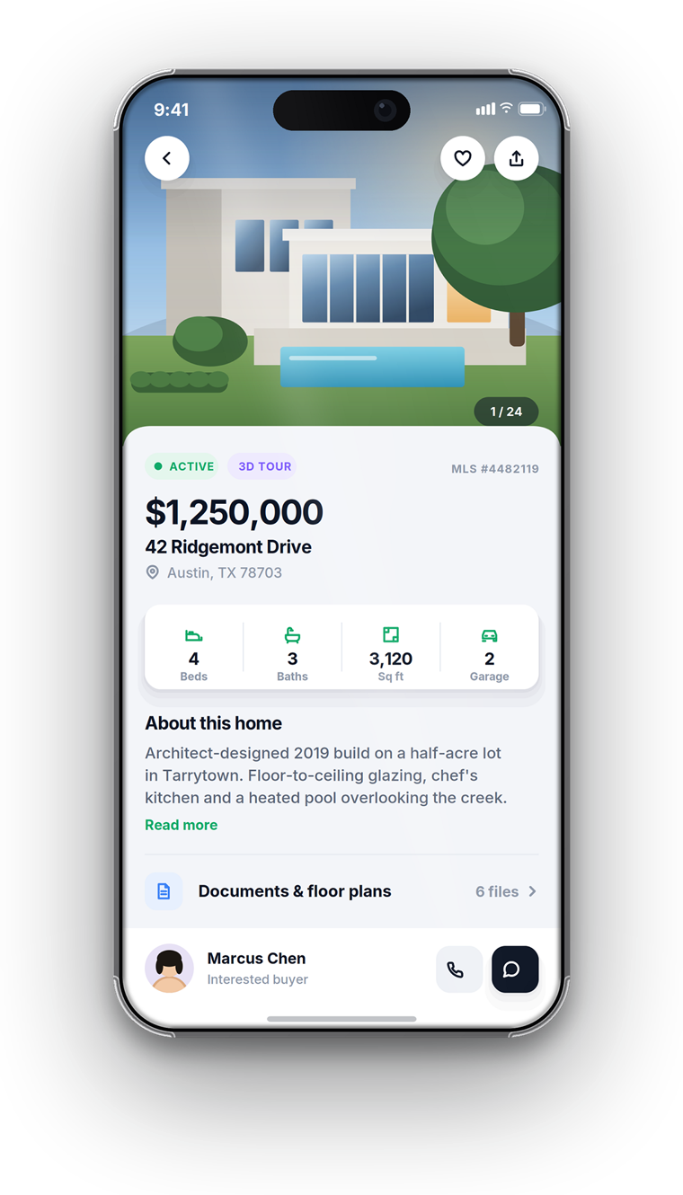 The Keystone property screen for 42 Ridgemont Drive, Austin: price, address, four beds, three baths, 3,120 square feet, two garages, description, documents and the interested buyer., by Buy Dream Web in London