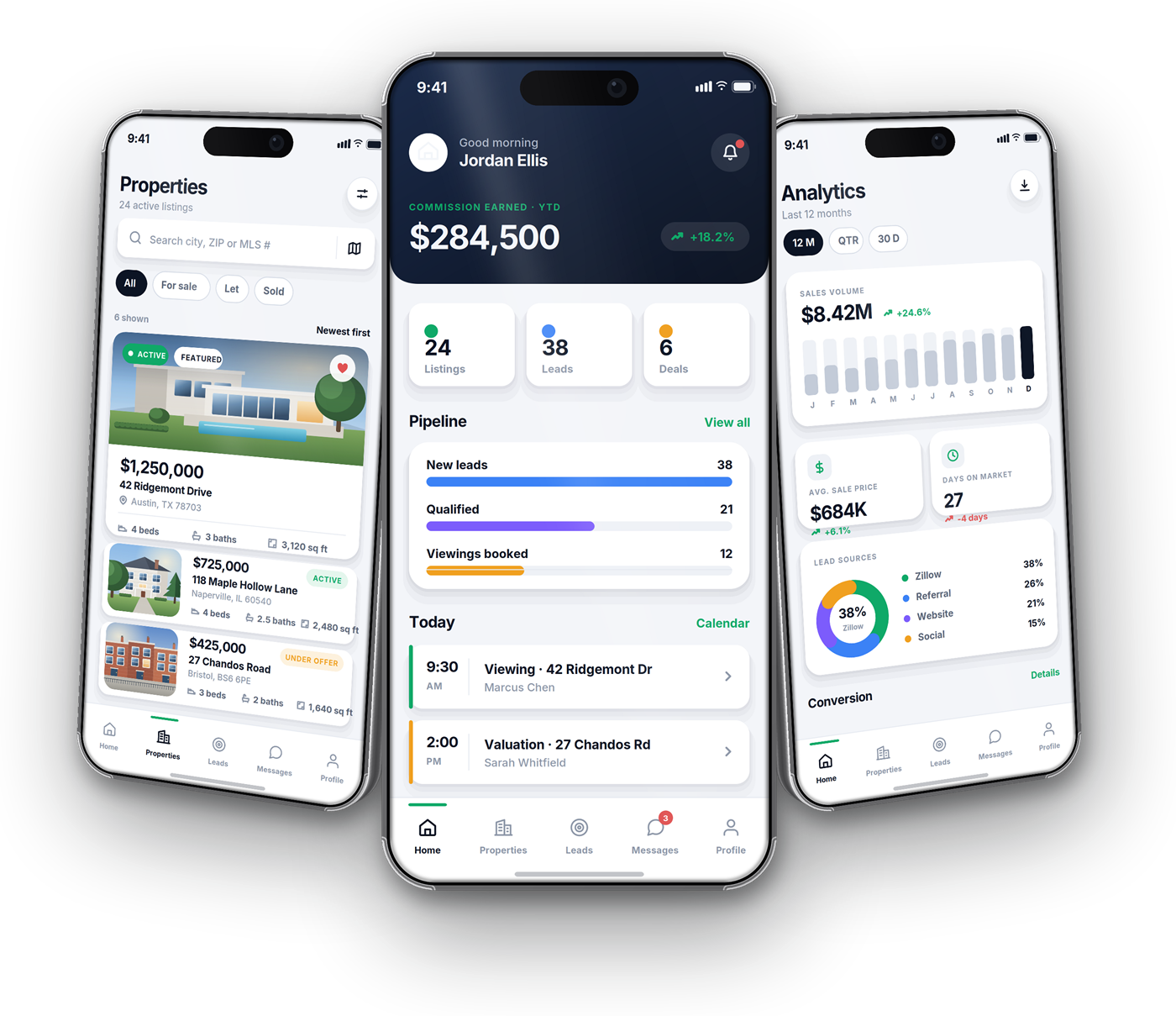Three Keystone screens: the properties list with 24 active listings, the agent home dashboard with pipeline and today's schedule, and the analytics screen showing sales volume and lead sources., by Buy Dream Web in London