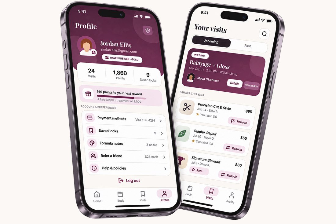 Two Haven screens side by side: a guest profile with visits, points and saved looks, and a list of past visits with rebook buttons., by Buy Dream Web in London