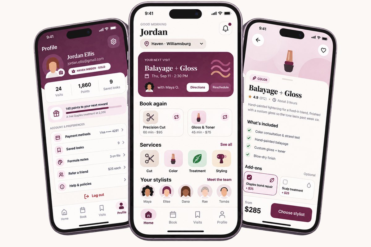 Three Haven app screens: a guest profile, the home screen with the next visit and services, and a service page for balayage with add-ons., by Buy Dream Web in London