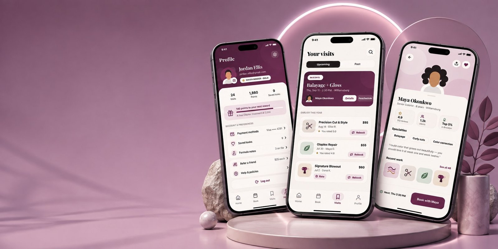 Three phones showing the Haven app: a guest profile with loyalty points, a list of upcoming visits, and a stylist page., by Buy Dream Web in London