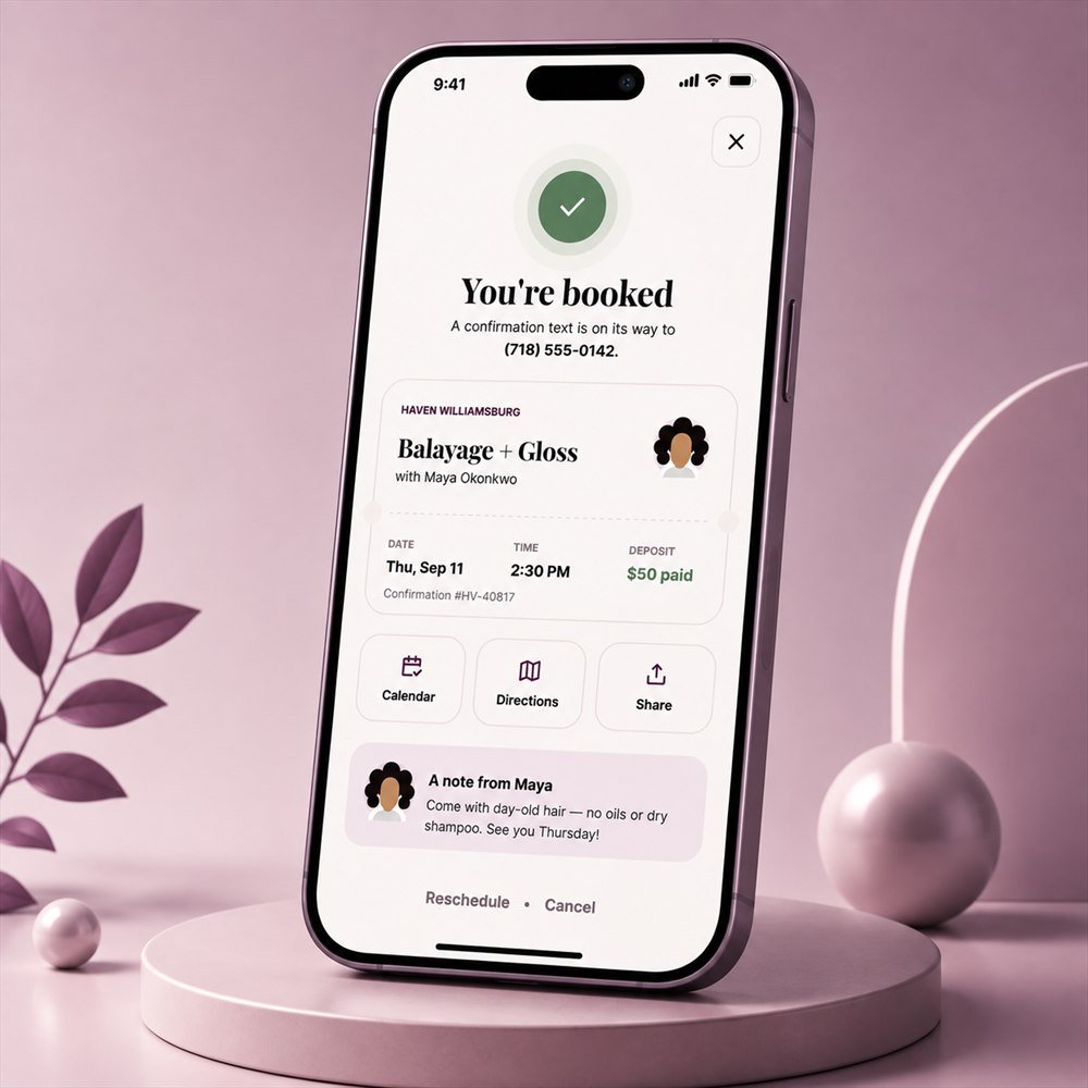 A Haven booking confirmation screen with the date, time, deposit paid, calendar and directions buttons, and a note from the stylist., by Buy Dream Web in London
