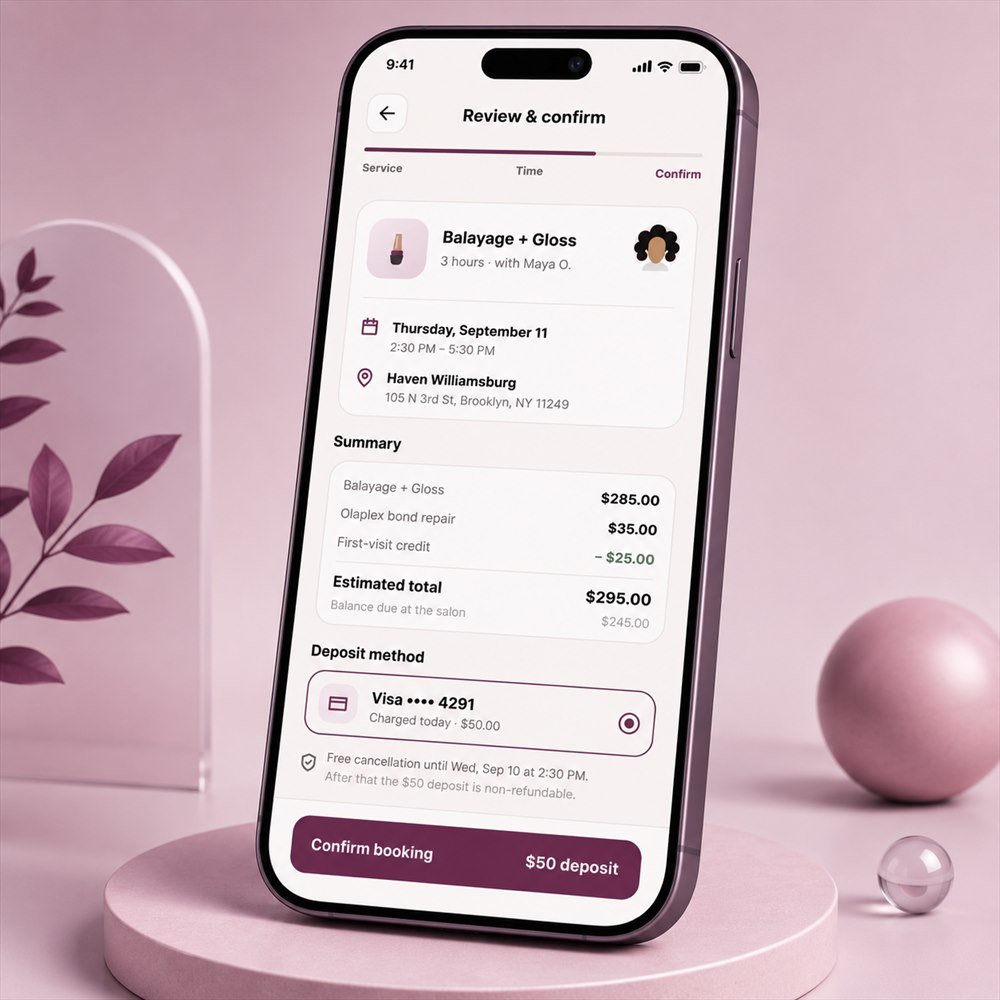 The Haven review and confirm screen showing the service, stylist, date, price summary and a fifty dollar deposit., by Buy Dream Web in London