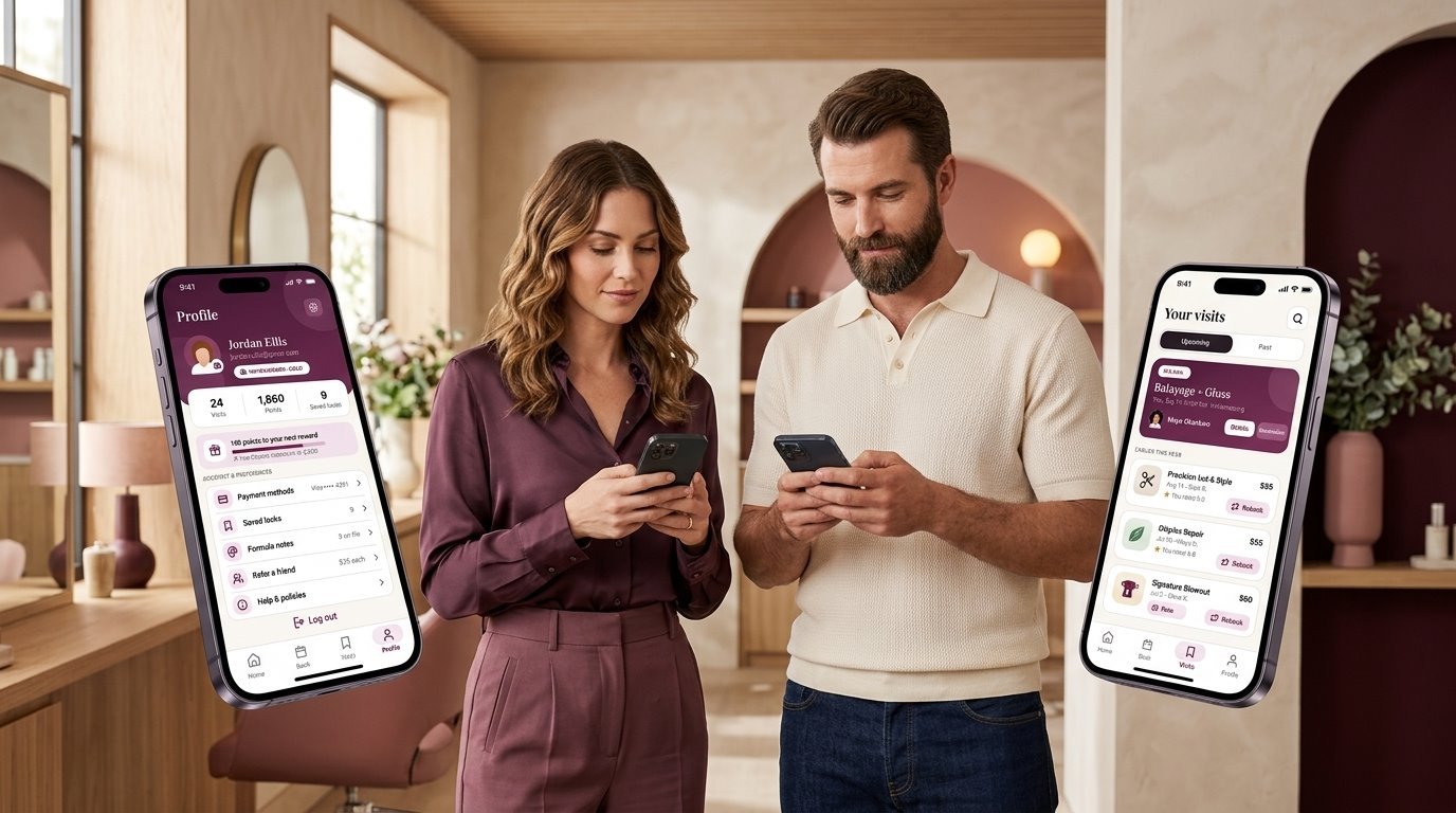 Two guests in a salon looking at the Haven app on their phones, with the profile and visits screens shown alongside them., by Buy Dream Web in London